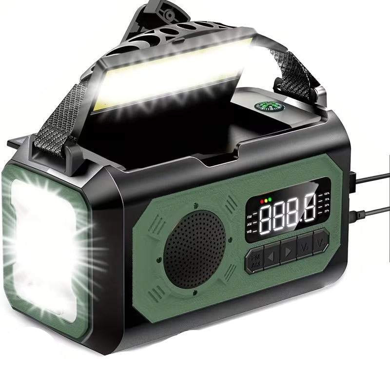 12000mAh Emergency Radio — Solar Hand Crank Charger with NOAA Alerts, Army Green | Sleek Dynamics
