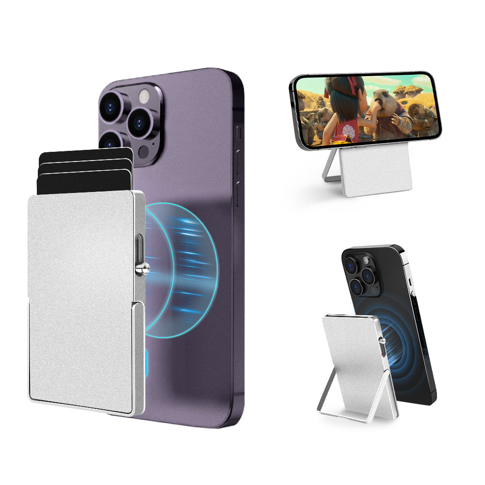 RFID Blocking Wallet – Slim Aluminum MagSafe Card Holder with Adjustable Stand